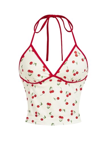 RoseSeek Women's Cherry Print Halter Tops Summer Going Out Y2K